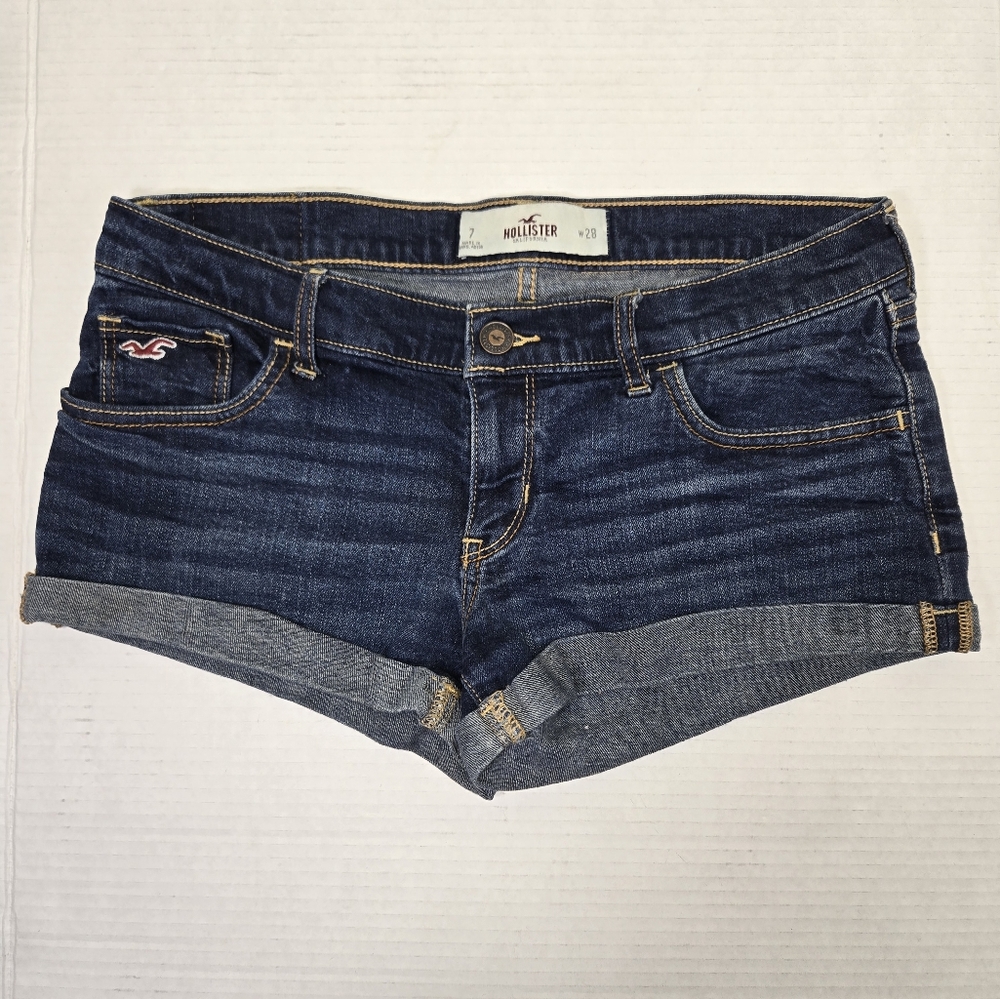 Y2k Hollister Denim Shorts Low Rise Cuffed Dark Wash Women's Size 7 Waist 28